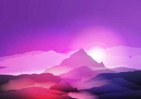 Fioletowy góry w mgle Sunrise - ilustracja wektorowa — Wektor stockowy