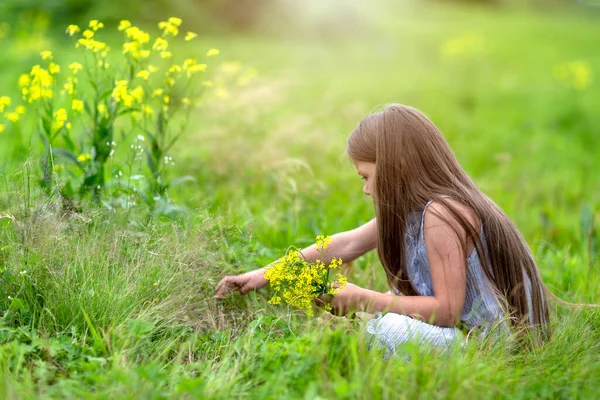 Una chica con el pelo largo en un campo oliendo flores amarillas —  Fotos de Stock