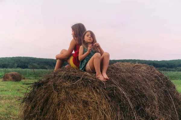 Two little sisters sit on a haystack — Stock Photo, Image