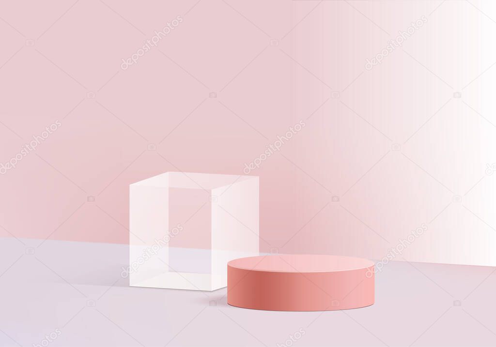 3d background products display podium scene with geometric platform. background vector 3d rendering with podium. stand to show cosmetic products. Stage showcase on pedestal display pink studio