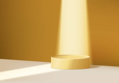 3d arkaplan ürünleri geometrik platformlu podyum sahnesini gösteriyor. 3d arkaplan vektörü podyum ile hazırlanıyor. Kozmetik ürünlerini gösteriyor. Sahne vitrininde sarı renkli stüdyo