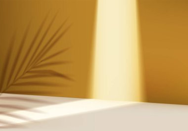 3d arkaplan ürünleri yaprak geometrik platformlu podyum sahnesini gösteriyor. 3d arkaplan vektörü podyum ile hazırlanıyor. Kozmetik ürünlerini gösteriyor. Sahne vitrininde sarı renkli stüdyo