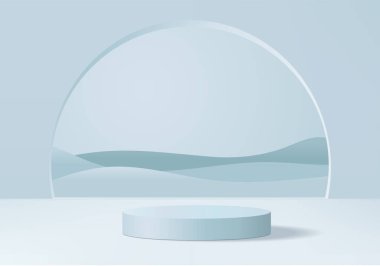 Geometrik platformlu silindir soyut minimal sahne. Yaz arkaplan vektörü 3d podyum ile hazırlanıyor. Kozmetik ürünlerini gösteriyor. Modern 3D stüdyo mavi pastel üzerinde sahne gösterisi.