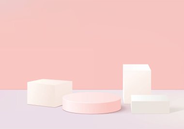 3d arkaplan ürünleri geometrik platformlu podyum sahnesini gösteriyor. 3d arkaplan vektörü podyum ile hazırlanıyor. Kozmetik ürünlerini gösteriyor. Sahne vitrininde pembe bir stüdyo.