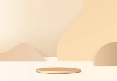Geometrik platformlu silindir soyut minimal sahne. Yaz arkaplan vektörü 3d podyum ile hazırlanıyor. Kozmetik ürünlerini gösteriyor. Modern 3D stüdyo kahverengi pastel üzerinde sahne gösterisi.