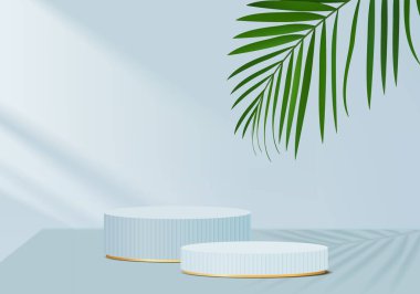 Arkaplan ürünleri yaprak geometrik platformlu podyum sahnesini gösteriyor. 3d arkaplan vektörü podyum ile hazırlanıyor. Kozmetik ürünlerini gösteriyor. Mavi Stüdyo 'da sahne gösterisi