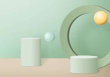 Geometrik platformlu silindir soyut minimal sahne. Yaz arkaplan vektörü 3d podyum ile hazırlanıyor. Kozmetik ürünlerini gösteriyor. Sahne sergisi modern 3D stüdyo yeşil pastel üzerine