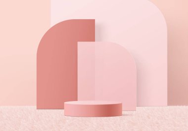 Arkaplan ürünleri podyum sahnesini geometrik platformla gösterir. 3d arkaplan vektörü podyum ile hazırlanıyor. Kozmetik ürünlerini gösteriyor. Sahne vitrininde pembe bir stüdyo.