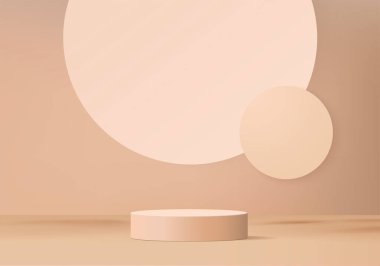 Geometrik platformlu 3D arka plan kozmetik ürünler podyumu. Podyumlu bej arka plan vektörü 3d. Kozmetik ürünlerini gösteriyor. Stüdyo kremi üzerine sahne gösterisi.