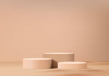 Geometrik platformlu silindir soyut minimal sahne. Kahverengi arkaplan vektörü 3d Podyum ile hazırlanıyor. Kozmetik ürünlerini gösteriyor. Modern 3D stüdyo bej pastel üzerinde sahne gösterisi.