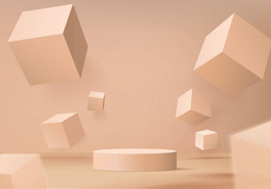 3D ürün soyut, geometrik podyum platformlu minimal sahne. Podyumlu silindir arkaplan vektörü 3d. Kozmetik ürünleri anlamına geliyor. 3D bej stüdyosunda sahne gösterisi.