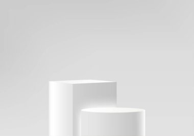 Geometrik platformlu silindir soyut minimal sahne. Yaz arkaplan vektörü 3d podyum ile hazırlanıyor. Kozmetik ürünlerini gösteriyor. Sahne, modern 3D stüdyo gri pastel üzerine.