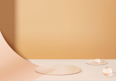 Arkaplan ürünleri podyum sahnesini geometrik platformla gösterir. 3d arkaplan vektörü podyum ile hazırlanıyor. Kozmetik ürünlerini gösteriyor. Sahne vitrininde bej rengi stüdyo.