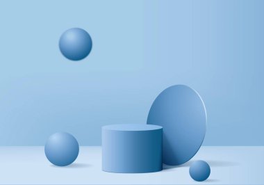 3D ürün soyut, geometrik podyum platformlu minimal sahne. Podyumlu silindir arkaplan vektörü 3d. Kozmetik ürünleri anlamına geliyor. 3D mavi stüdyoda sahne gösterisi.