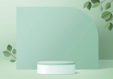 Arkaplan ürünleri podyum sahnesini geometrik platformla gösterir. 3d arkaplan vektörü podyum ile hazırlanıyor. Kozmetik ürünlerini gösteriyor. Sahne dekoru yeşil stüdyoda.