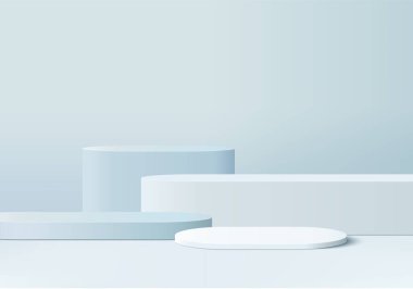 Geometrik platformlu silindir soyut minimal sahne. Yaz arkaplan vektörü 3d podyum ile hazırlanıyor. Kozmetik ürünlerini gösteriyor. Modern 3D stüdyo mavi pastel üzerinde sahne gösterisi.