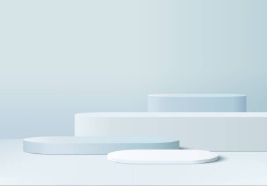 Geometrik platformlu silindir soyut minimal sahne. Yaz arkaplan vektörü 3d podyum ile hazırlanıyor. Kozmetik ürünlerini gösteriyor. Modern 3D stüdyo mavi pastel üzerinde sahne gösterisi.