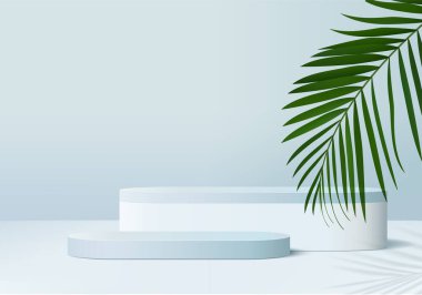 3D ürün soyut, geometrik podyum platformlu minimal sahne. Podyumlu silindir arkaplan vektörü 3d. Kozmetik ürünleri anlamına geliyor. 3D mavi stüdyoda sahne gösterisi.