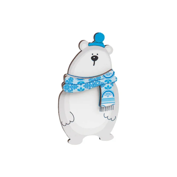 Wooden Decoration Form Polar Bear Wearing Blue Scarf Snowflakes Pompom — Stock Photo, Image