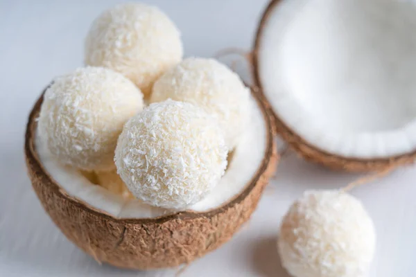 Close View Coconut Truffles Homemade Vegan Energy Balls Filling Sweetened — Stock Photo, Image