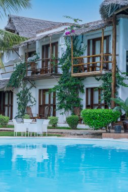 Temiz mavi su ve ahşap pencereli ve yeşil tropikal bitki ve tatilleri ya da seyahat kavramlarını temsil eden ağaçlarla çevrili bir yüzme havuzu manzarası. Dikey resim