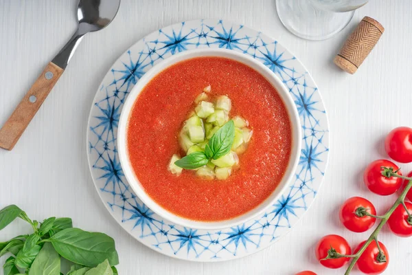 Blick Von Oben Auf Den Spanischen Gazpacho Kalte Erfrischende Tomatensuppe — Stockfoto