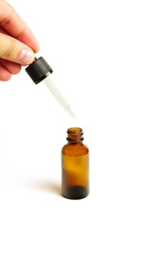 Brown glass bottles.A bottle with a pipette, isolated on a white background. glass container for cosmetic skin care products. Aromatherapy, essence, or perfume is empty. a bottle of cosmetic dropper. Amber apothecary flask with pipette. Beauty collag