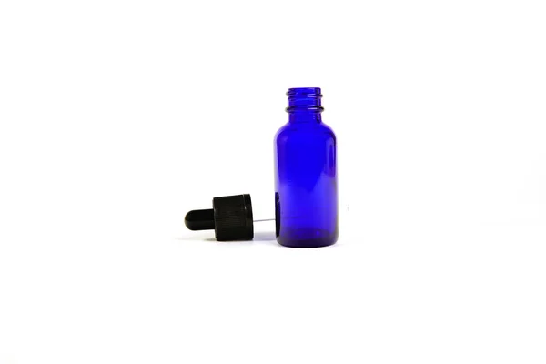 Blue Glass Bottles Bottle Pipette Isolated White Background Glass Container — Photo