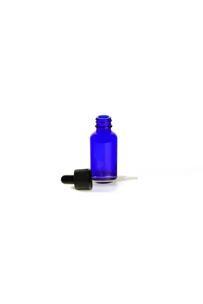 Blue Glass Bottles Bottle Pipette Isolated White Background Glass Container — Foto de Stock