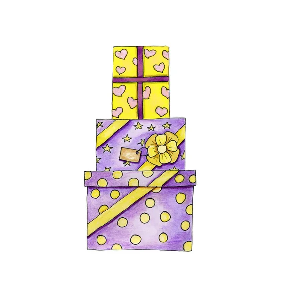 Orange Violet Set Gixt Boxes Stripped Spotted Design Ribbon Bow — Stock Photo, Image