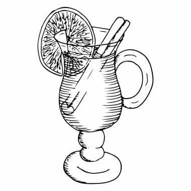 Tarçınlı sıcak şarap gluhwein ve cam içinde portakal dilimi. El çizimi vektör çizimi. Kış alkolü, Noel, mutlu yıllar, bayram kutlamaları.