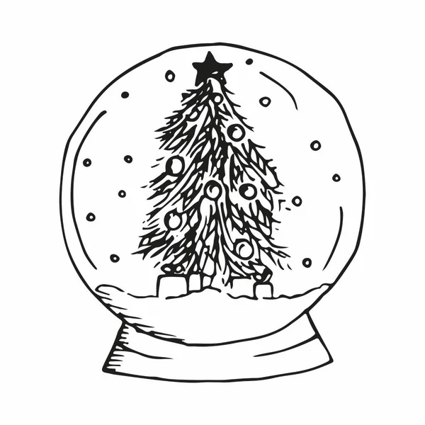 Christmas glass snow ball with pine tree with star, gift boxes and snow falling. Hand drawn vector illustration in sketch doodle style. Merry christmas and happy new year, gift children, symbol