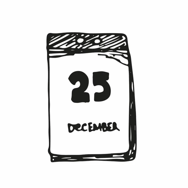 2020年12月25日 庆祝圣诞节 撕掉日历时间表 寒假在白色背景上孤立的草图涂鸦中的矢量手绘插图 — 图库矢量图片