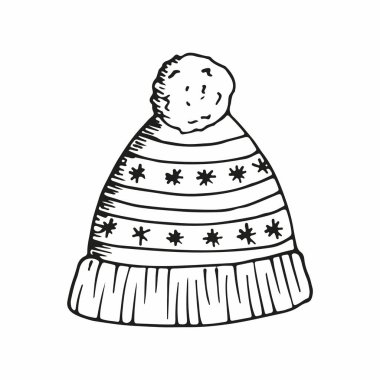 Beyaz arka planda izole edilmiş kar tanesi süsüsüyle örülmüş bir şapka. Çizim çiziminde vektör el çizimi çizimi. Kış tatilinin sembolü, çocuk kıyafetleri. Mutlu noeller, hediye