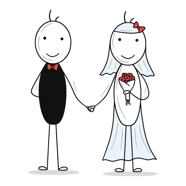 Happy Just Married Couple Stick Figures People Holding Hands Bride — Stock Vector