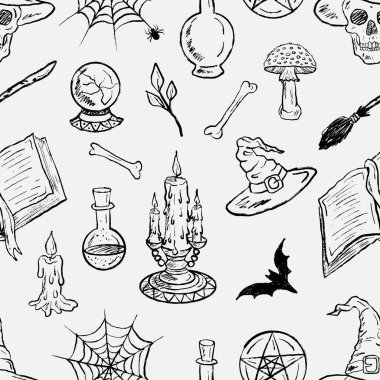 El yapımı büyücülük kusursuz desen. Vintage pastel boya kömürü tarzında vektör çizimi. Mumlar, iksirler, kafatasları, yarasalar, ağlar, şapkalar, mantarlar ve mistik sembollerle dizayn et