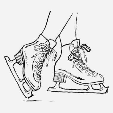 Sıkıca bağlanmış buz patenlerini giyerek iki el çizilmiş bacak. Artistik patinaj vektör çizimi klasik pastel boyayla çizilmiş. Kadın moda ikonu, kış sporu