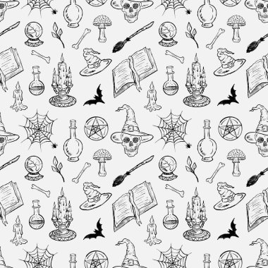 El çizimi Cadılar Bayramı kusursuz desen. Vintage pastel boya kömürü tarzında vektör çizimi. Mumlar, iksirler, kafatasları, yarasalar, ağlar, şapkalar, mantarlar, eczacı, cadılık sembolü