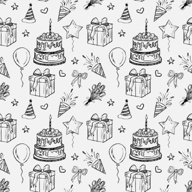 Hand drawn seamless birthday pattern with cakes, gifts, balloons, and festive decor. Vector sketch illustration in vintage crayon charcoal style. Cake, gift box, balloon, bouquet of flowers