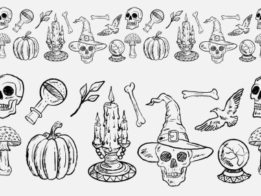 Hand drawn seamless border for Halloween holiday. human skull in witch hat, pumpkins, candles, fortune teller accessories. Vector sketch illustration in vintage crayon charcoal style