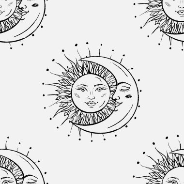 Güneş, ay ve mistik yüzlerle çizilmiş kusursuz göksel desen. Hilal, falcı, astroloji ambalajı. Vintage pastel boya kalemi tarzında vektör çizimi