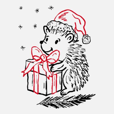 Kışın Noel Baba şapkalı kirpi kırmızı kurdeleli Gitf kutusunu tutuyor. Vintage pastel boya kömürü tarzında vektör çizimi. Mutlu Noeller, çocuklar çiziyor.