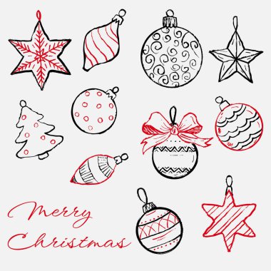 Kırmızı süslemeli el çizimi Noel ağacı süslemeleri. Vintage pastel boya ile çizilmiş taslak çizimi. Noel ve yeni yılın sembolü olarak cam unsurlar, Mutlu Noeller tebrik kartı