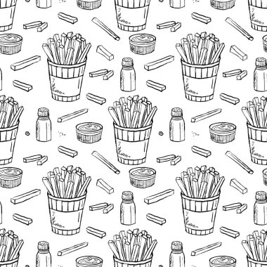 Patates kızartması, siyah fırça darbesi desenli, beyaza izole edilmiş. Klasik kömür mürekkebiyle elle çizilmiş vektör çizimi. Paket tasarımı, ambalaj kağıdı, menü tasarımı baskısı