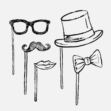 Gözlüklü, bıyıklı, silindir şapkalı, dudaklı ve çubuklarda papyon olan el yapımı parti malzemeleri. Vintage pastel boya kömürü tarzında vektör çizimi. Parti aksesuarları, tatil kutlamaları.
