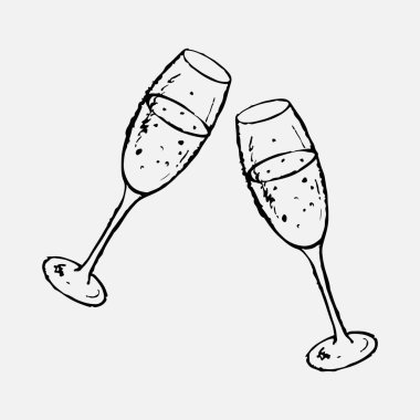Elle çizilmiş şampanya kadehleri kadeh tokuşturarak. Vintage pastel boya kömürü tarzında vektör çizimi. Randevu konsepti, bayram kutlaması, mutlu yıllar sembolü, doğum günü partisi davetiyesi