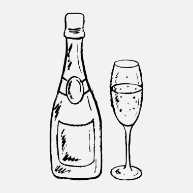 Elle çizilmiş şampanya şişesi ve şampanya bardağı. Vintage pastel boya kömürü tarzında vektör çizimi. Alkollü içki, tatil aksesuarları, doğum günü kutlamaları.