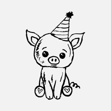 Parti şapkalı küçük domuzcuk. Vintage pastel boya kömürü tarzında vektör çizimi. Bebek partisi tebrik kartı, doğum günü hayvanı, cinsiyet partisi kutlaması.