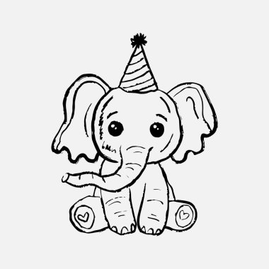 El çizimi, parti şapkalı bebek fil ve bacakları üzerinde kalpler. Vintage pastel boya kömürü tarzında vektör çizimi. Mutlu yıllar tebrik kartı, parti davetiyesi, bebek partisi
