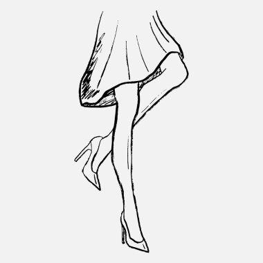 Yüksek topuklu ve parlak etekli el çizimi zarif kadın bacakları. Vintage pastel boya kömürü tarzında vektör çizimi. Moda satış afişi, ayakkabı endüstrisi.